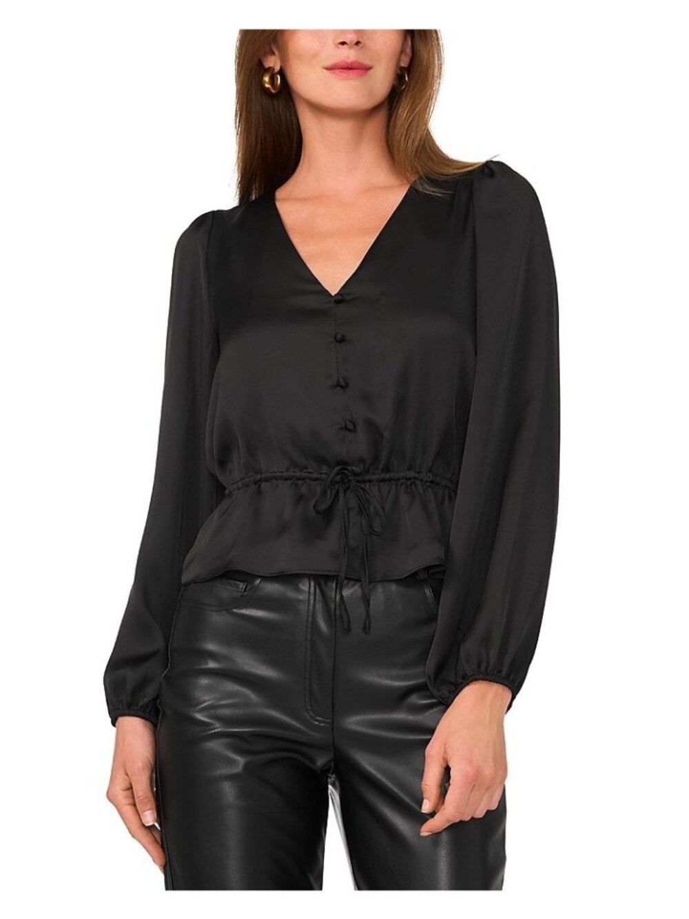 1.STATE Womens Drawstring-Waist V-Neck Rich polyester Top Black Size S $79